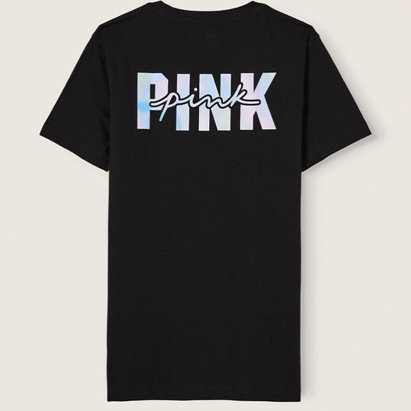 VS VICTORIAS SECRET PINK CAMPUS SHORT SLEEVE TEE TOP BLACK BLUR LOGO M - Picture 6 of 7